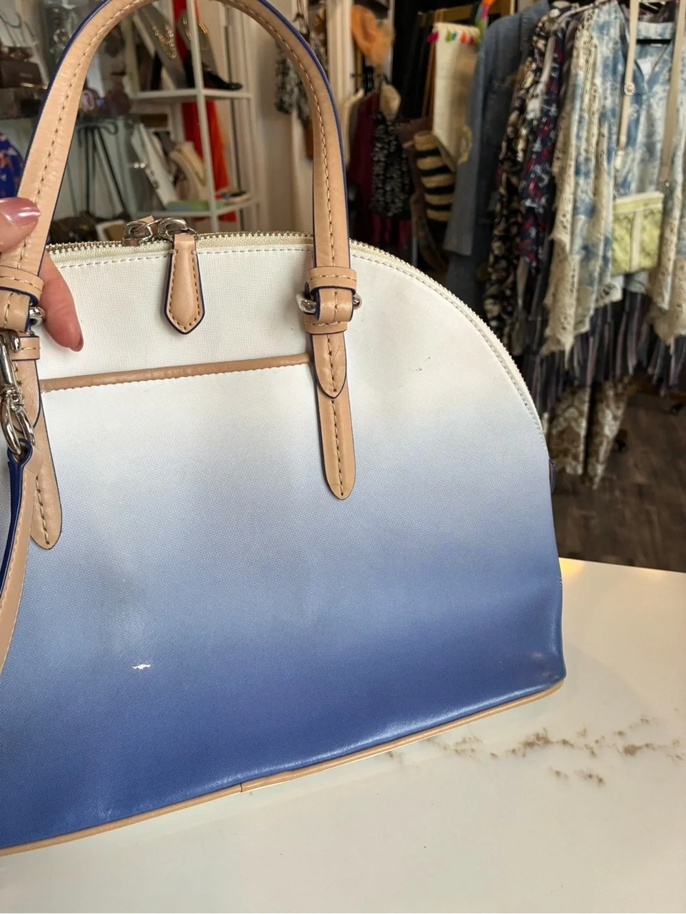 Coach Blue Ombre Dome Satchel with Tan Trim